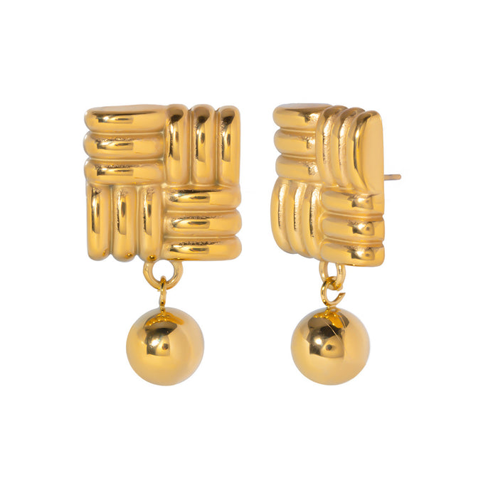 18K Gold Plated Stainless Steel Knit Textured Ball Earrings - Trendy Jewelry