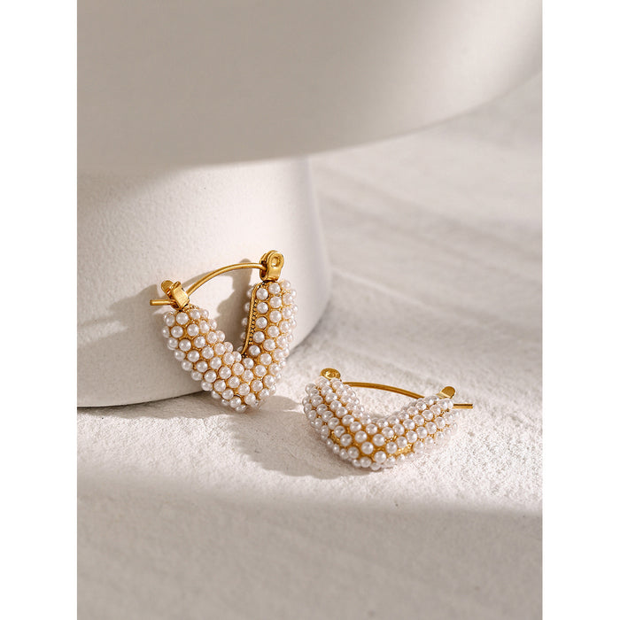 High-End 18K Gold Stainless Steel V-Shaped Pearl Earrings - Simple Fashion Titanium Steel Jewelry