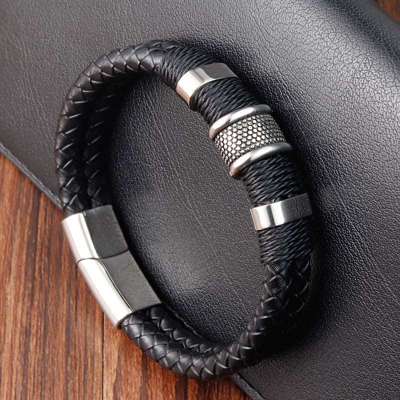 Bracelet Stainless Steel Genuine Leather Vintage Double Weave