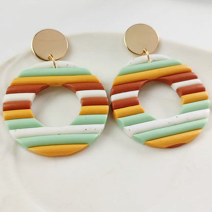 Handmade Rainbow Stripe Clay Earrings - Multicolor Geometric Hoop Design