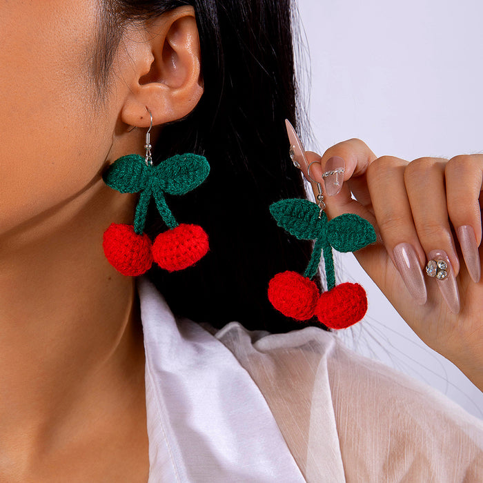 Yarn knitted red cherry earrings sweet simulated fruit earrings