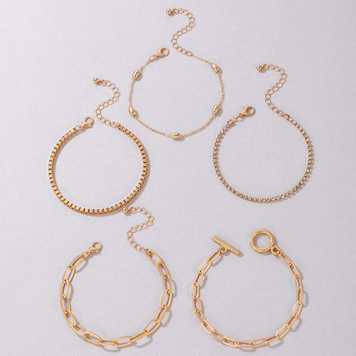 Geometric Rhinestone Chain Bracelet Set - Five-Piece Open Cuff Jewelry