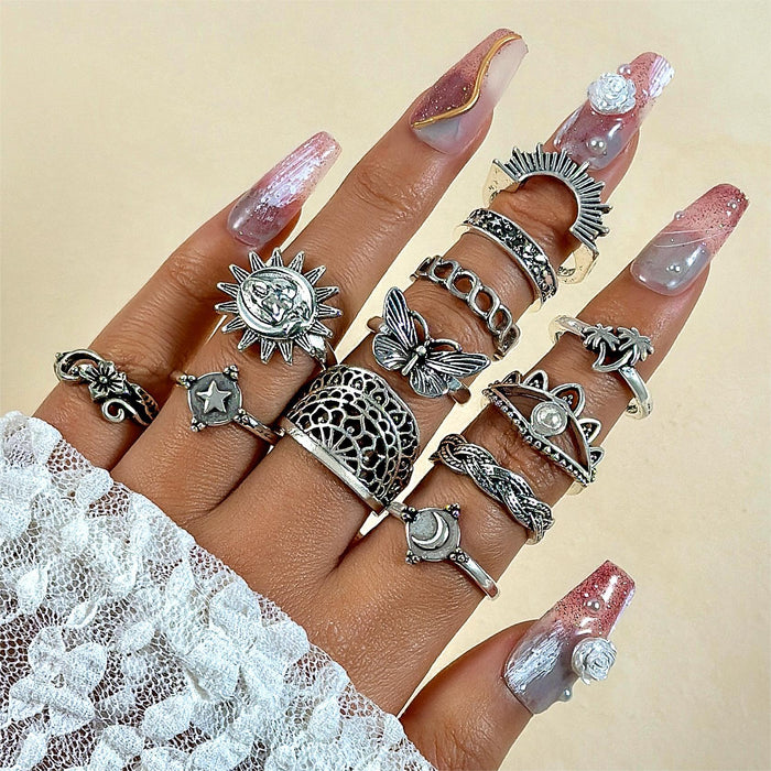 Vintage Butterfly & Flower Heart Ring Set – Fashionable Cactus & Moon Joint Rings