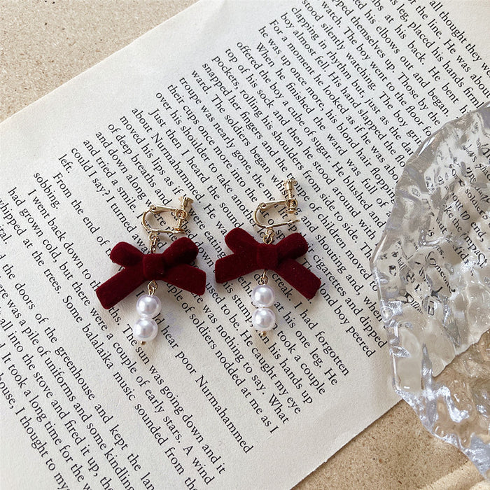 Red velvet bow earrings autumn and winter pearl earrings