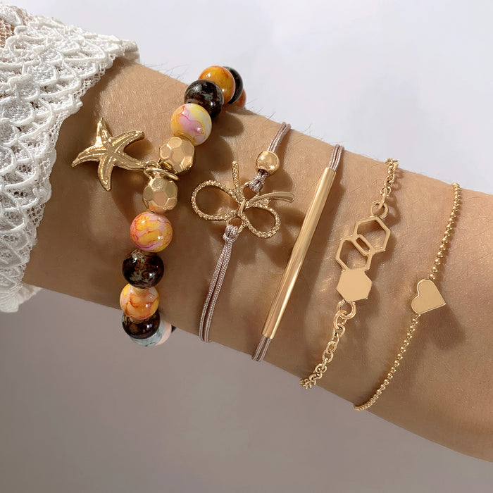 Starfish Stone Beaded Five-Layer Bracelet - Bowknot Heart Geometric Bracelet Set