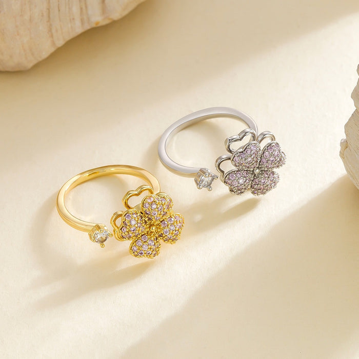 Wholesale copper heart-shaped four-leaf clover rotating open rings set with pink diamonds