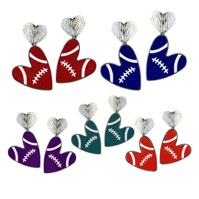 Cheerleader Leather Earrings with Football Heart and Multicolor Design