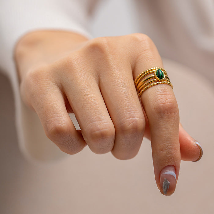 18K Gold Plated Ring with Inlaid Malachite - Women's Stylish Open Ring