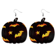 Creative Halloween PU Leather Earrings with Pumpkin and Bat Design - wallojewerly 