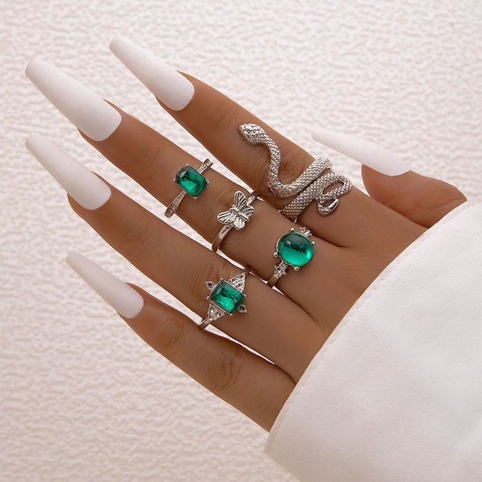 Green Gemstone Butterfly Open Ring Set - Snake Eight-Piece Set