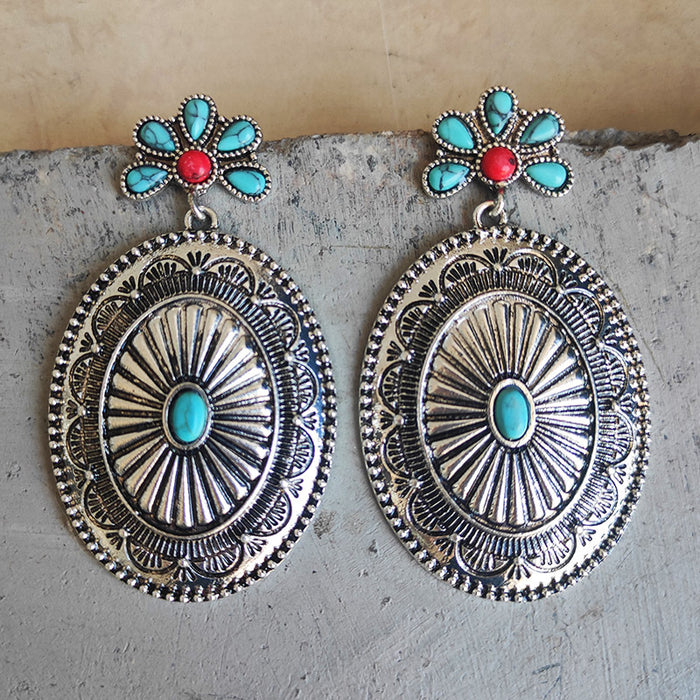 Western Bohemian Metal Earrings with Turquoise and Pumpkin Flower Design