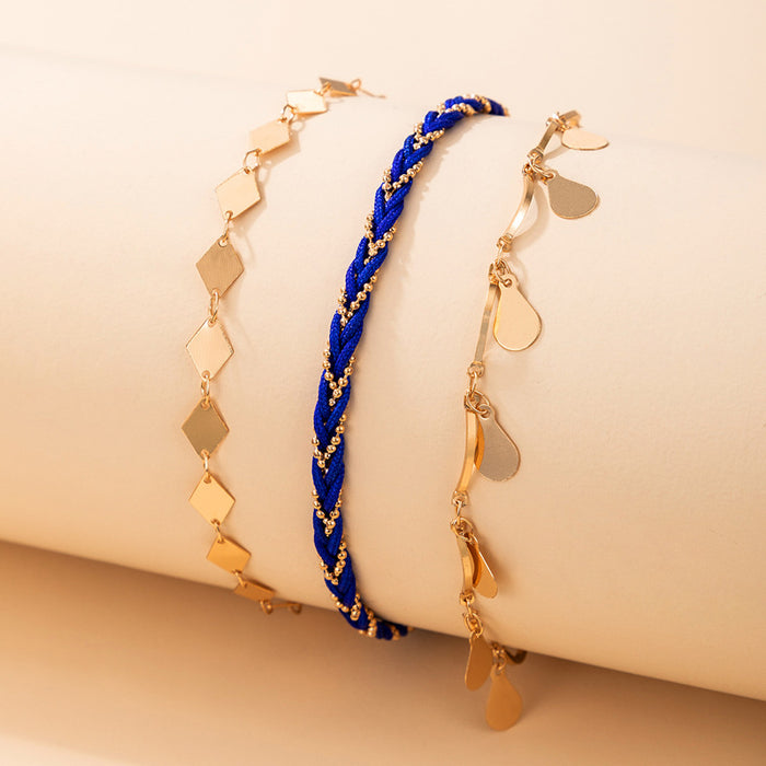 Ethnic Blue Braided Triple Layer Anklet with Diamond Water Drop Pendant