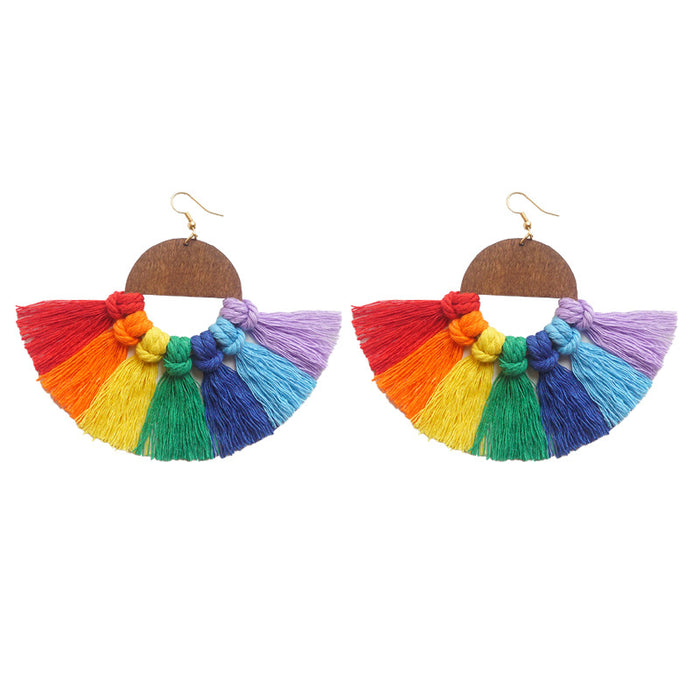 Handwoven Wooden Rainbow Tassel Earrings in a Baroque Style with Colorful Large Pendants