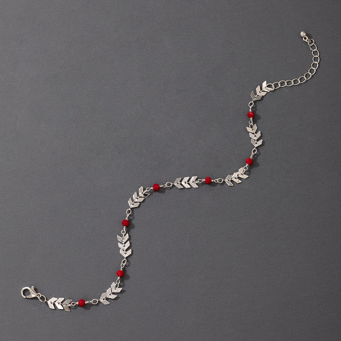 Simple Silver Airplane Chain with Red Seed Bead Single Layer Anklet