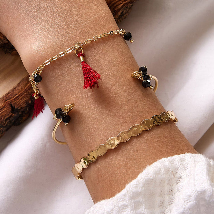 Bohemian Beach Beaded Bracelet Set - Black Tassel Three-Piece Collection