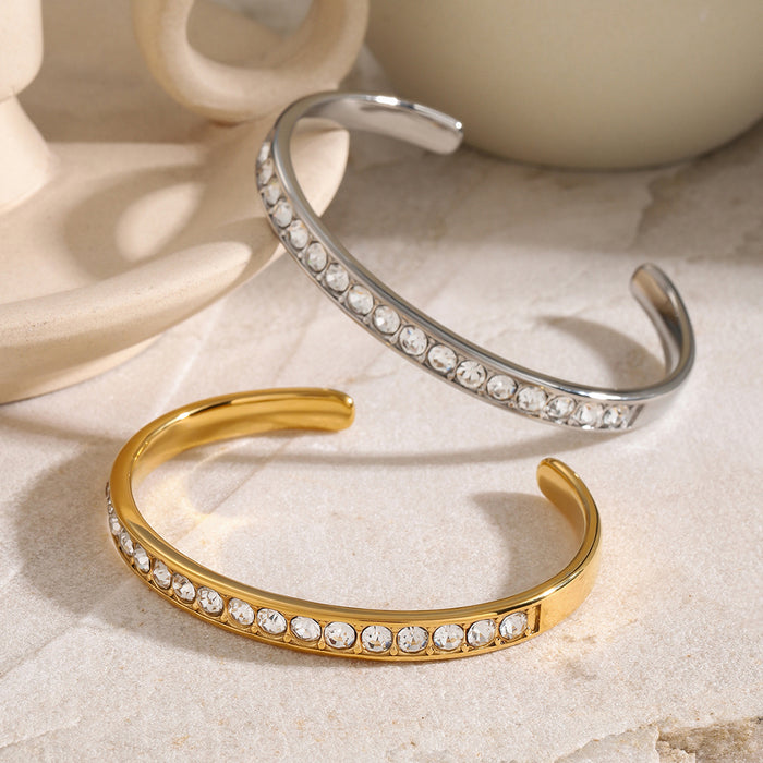 18K Gold Plated Stainless Steel White Zircon Open Cuff Bracelet - Summer Vacation Jewelry