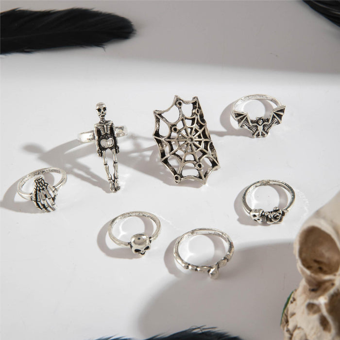 Juego de anillos de calavera oscura: anillos de telaraña y murciélago punk para Halloween, colección de 7 piezas