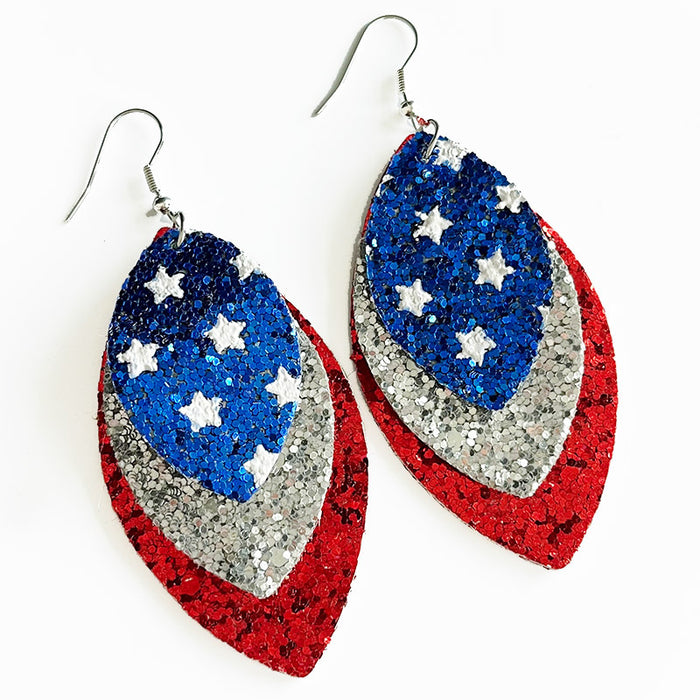 Independence Day Feather Leather Earrings with American Flag and Metal Mesh Design