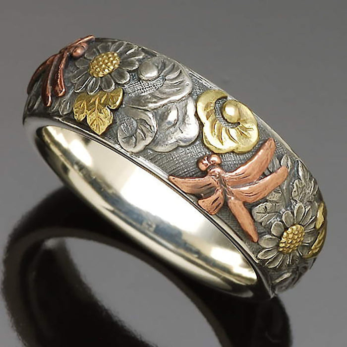 Vintage engraving dragonfly sunflower ring fashionable two-tone daisy ring