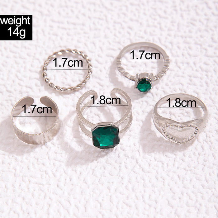 Imitation Emerald Geometric Heart Five-Piece Ring Set