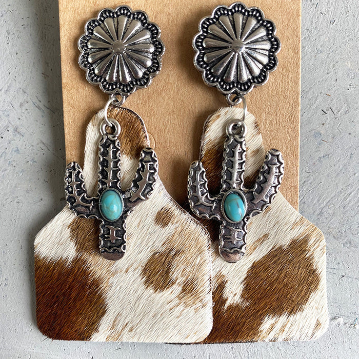 Bohemian Animal Print Leather Earrings with Pumpkin Flower and Turquoise Design