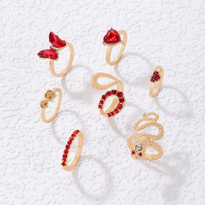 Butterfly Heart Snake Gemstone Ring Set - 7pcs Geometric Red Tone Rings