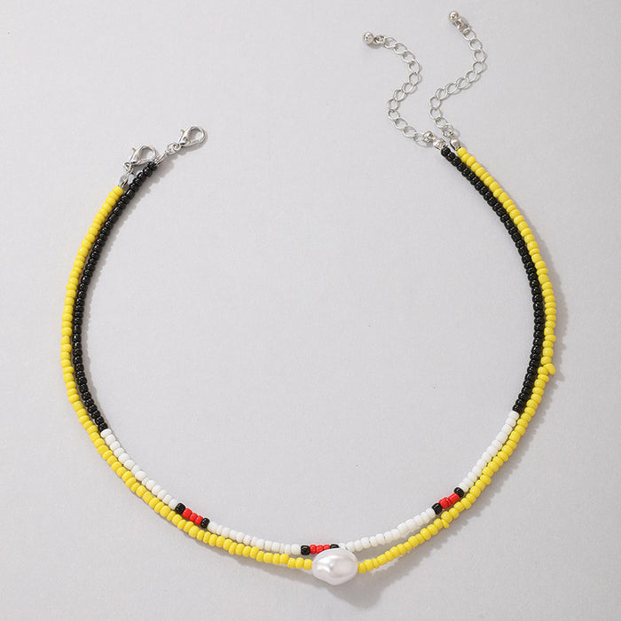 Bohemian Style Black-White-Red Contrast Color Necklace with Yellow Beads and Acrylic Pearls