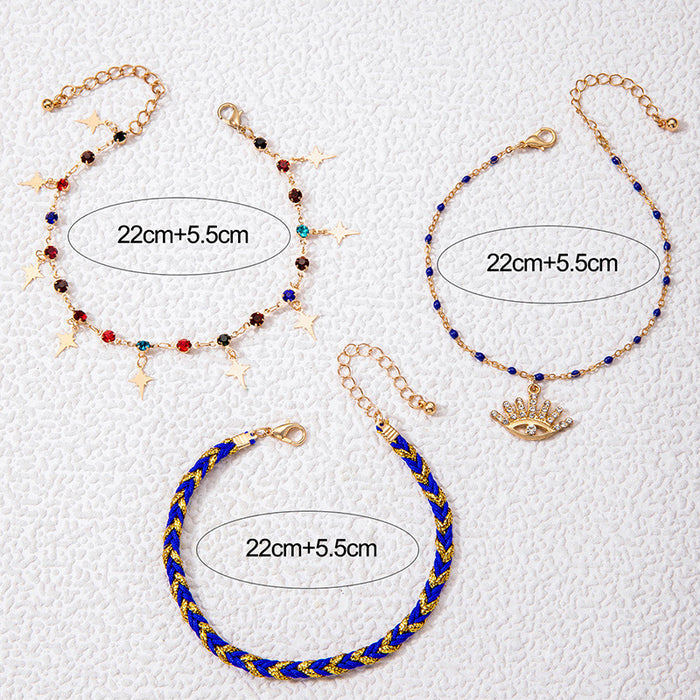 Ethnic Rope Anklet Set with Colorful Eye Pendant - Boho Style Foot Jewelry