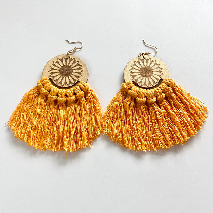 Wooden Sunflower Tassel Earrings with Ethnic Style