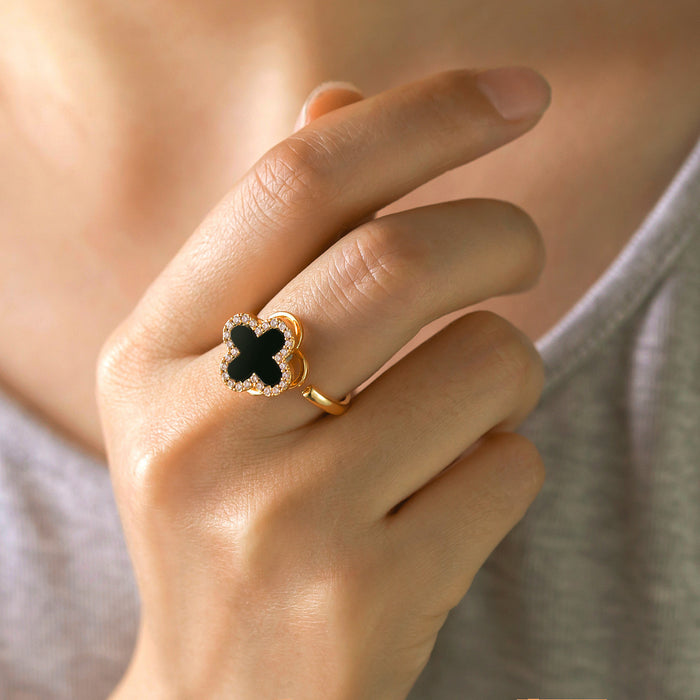 Wholesale black four-leaf clover micro-pave rotating open ring