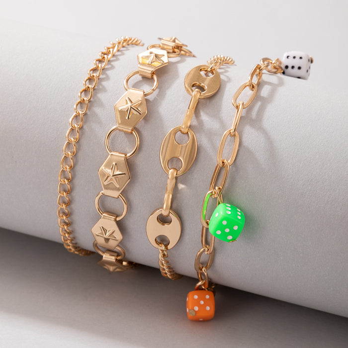 Plastic Resin Dice Anklet Four-Piece Set with Star Geometric Chain