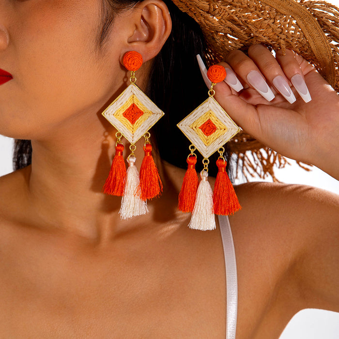 Colorful raffia tassel earrings holiday style diamond earrings