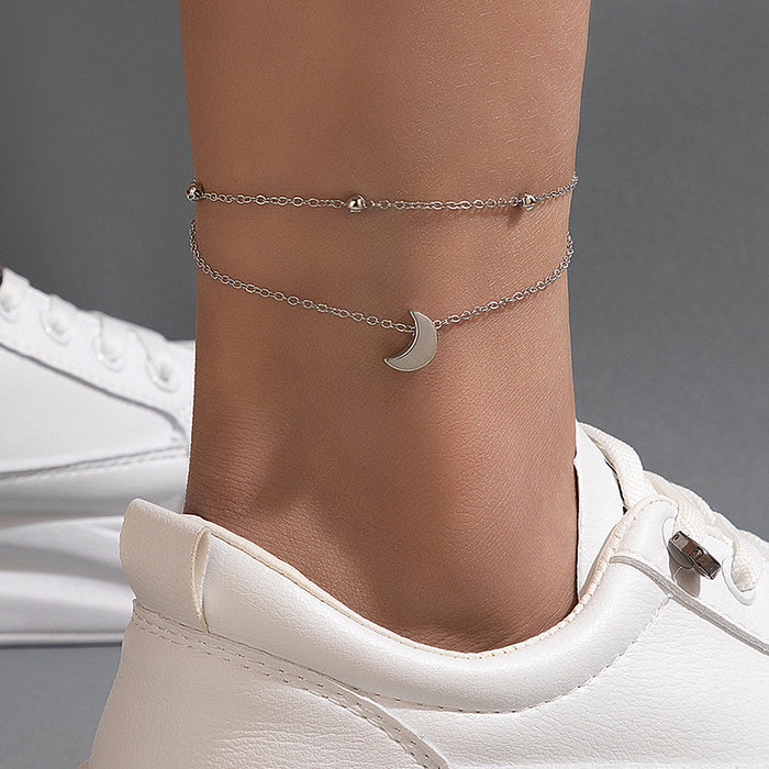 Silver Moon Double Layer Anklet with Geometric Crescent Bead Multi-Layer Chain