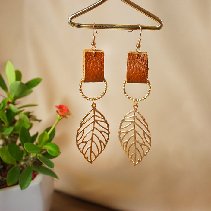 Cross-Border Trendy Earrings with Creative Leaf Design and Leather Elements