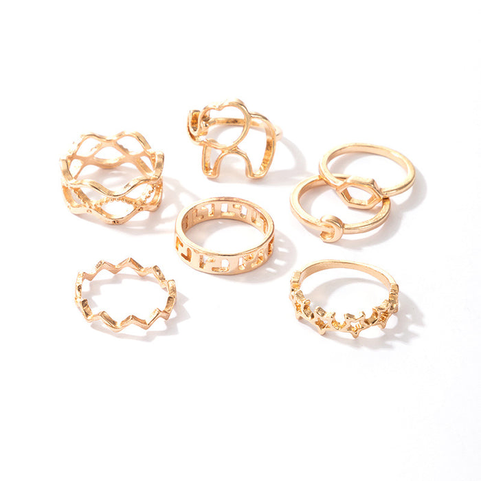 Bohemian Elephant Star Moon Ring 7-piece Set