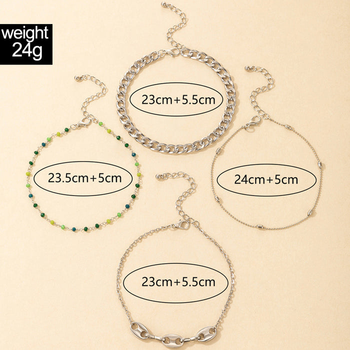 Seed Bead Metal Chain Anklet Four-Piece Set with Fashion Multi-Layer Chain