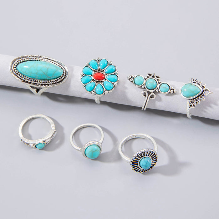 Bohemian Ring Set - 7pcs Vintage Flower Turquoise Rings