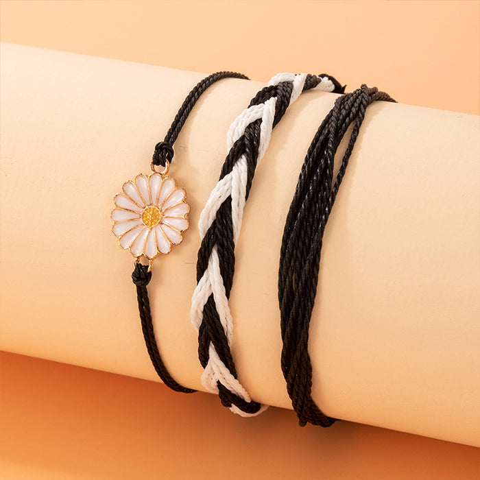 Ethnic Style Braided Daisy Bracelet Set with Geometric Cord Design