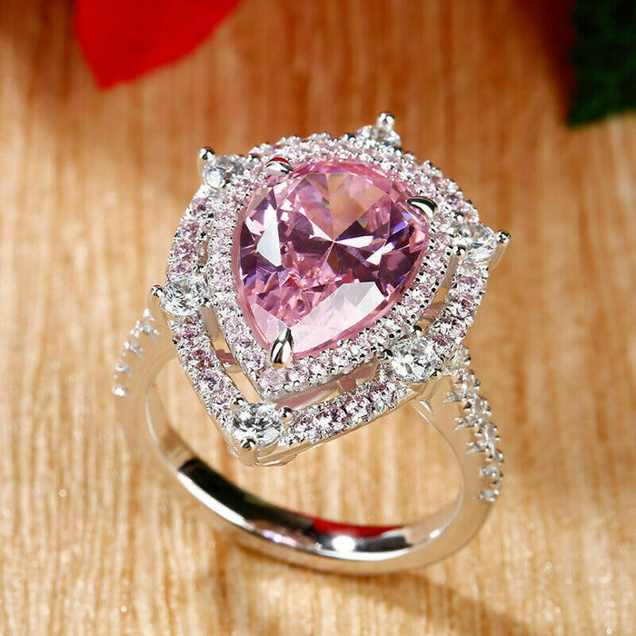 Light luxury teardrop-shaped full diamond ring pink pear-shaped female ring - wallojewerly 