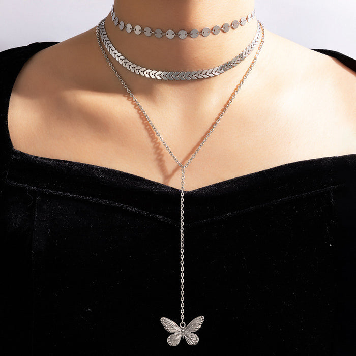 Chic Fishbone Chain Necklace – Butterfly Pendant with Sequins