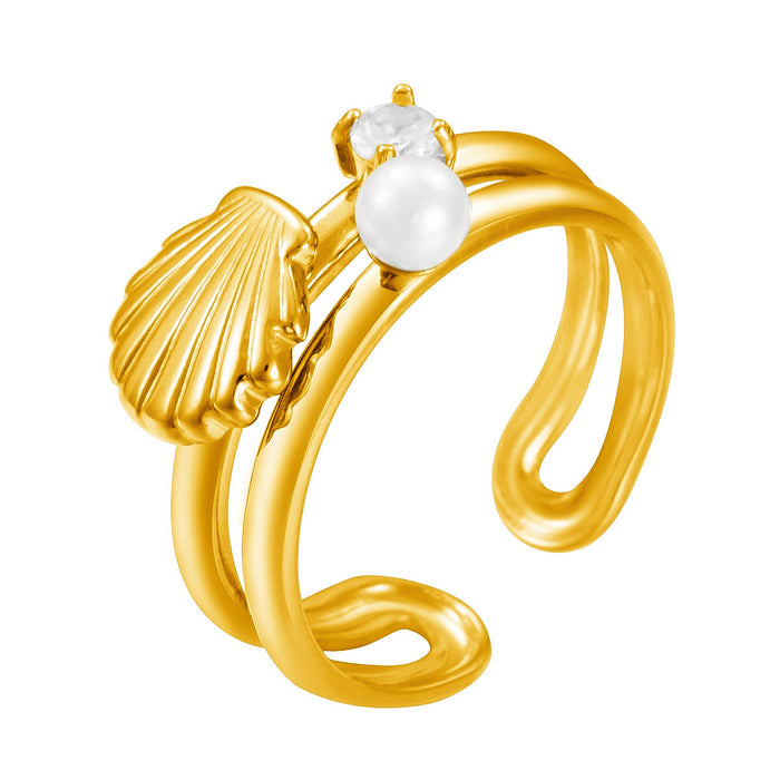 Wholesale stainless steel 18K gold inlaid imitation pearl scallop rings