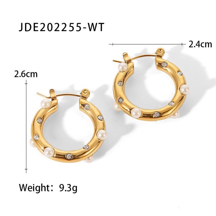 New Titanium Steel Hoop Earrings - 18K Gold Stainless Steel Pearl Zircon Earrings