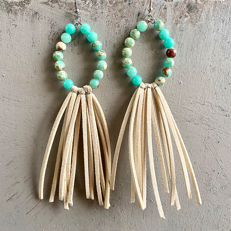 Western Leather Tassel Earrings with Cowboy Theme and Aztec Cutout