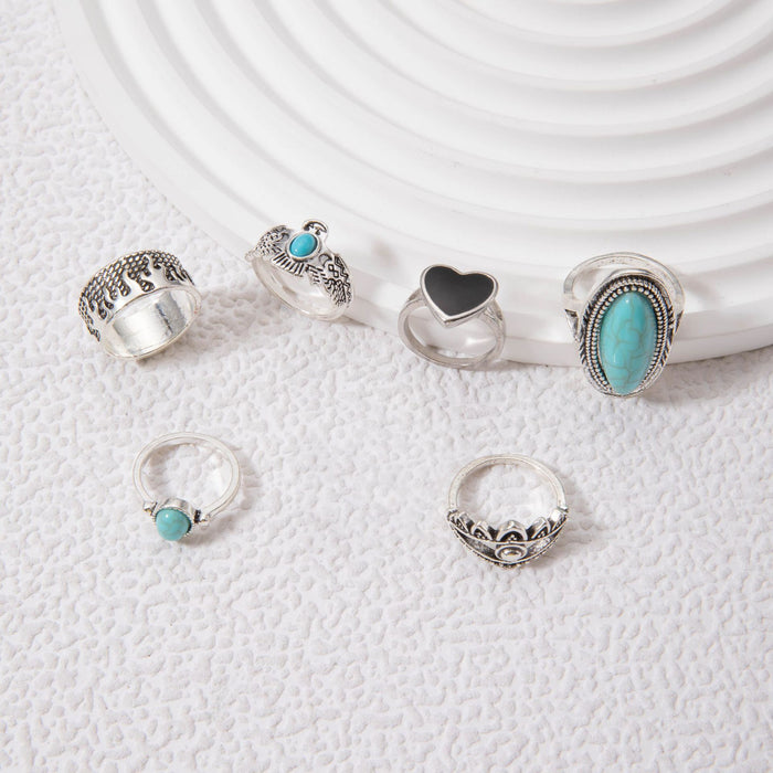 Vintage Turquoise Heart Ring Set - 6pcs Stylish Exaggerated Rings