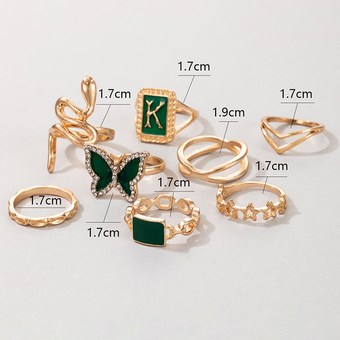 Green Snake and Butterfly Ring Set - 8-Piece Star Rings for Women