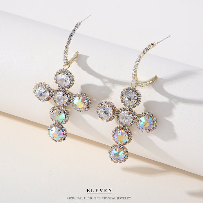 Exaggerated Cross Hoop Earrings - Colorful Rhinestone Jewelry for Women