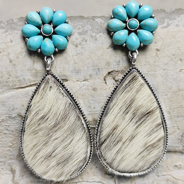 Western Animal Print Leather Earrings with Bohemian Style and Turquoise Pumpkin Flower Design