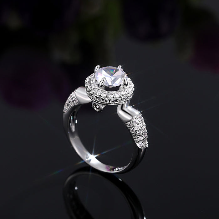 Anillo femenino de moda con diamantes redondos y circonitas nobles para bodas