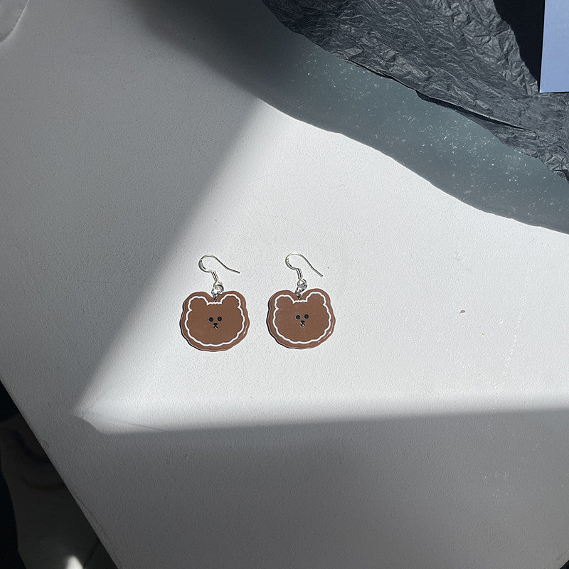 Retro brown bear earrings S925 silver needle childlike earrings