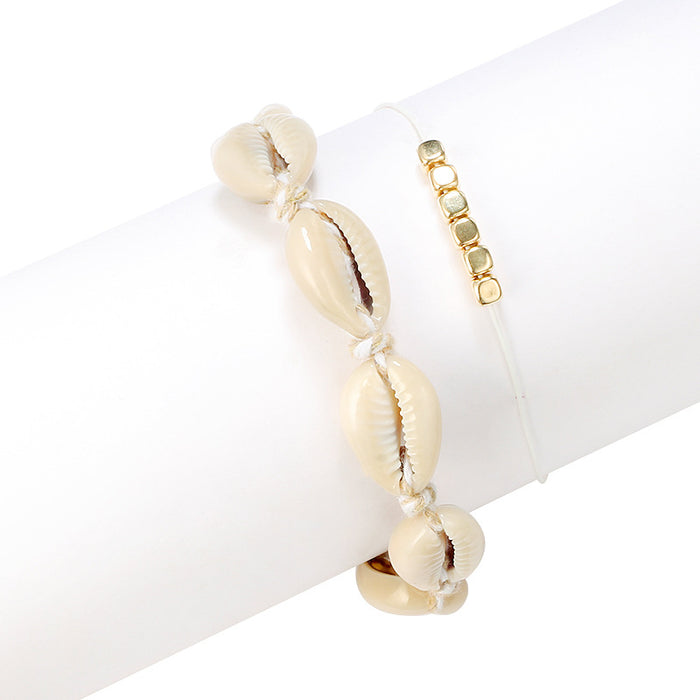 Beach-Style Shell Anklet with Geometric Bead and Woven Design